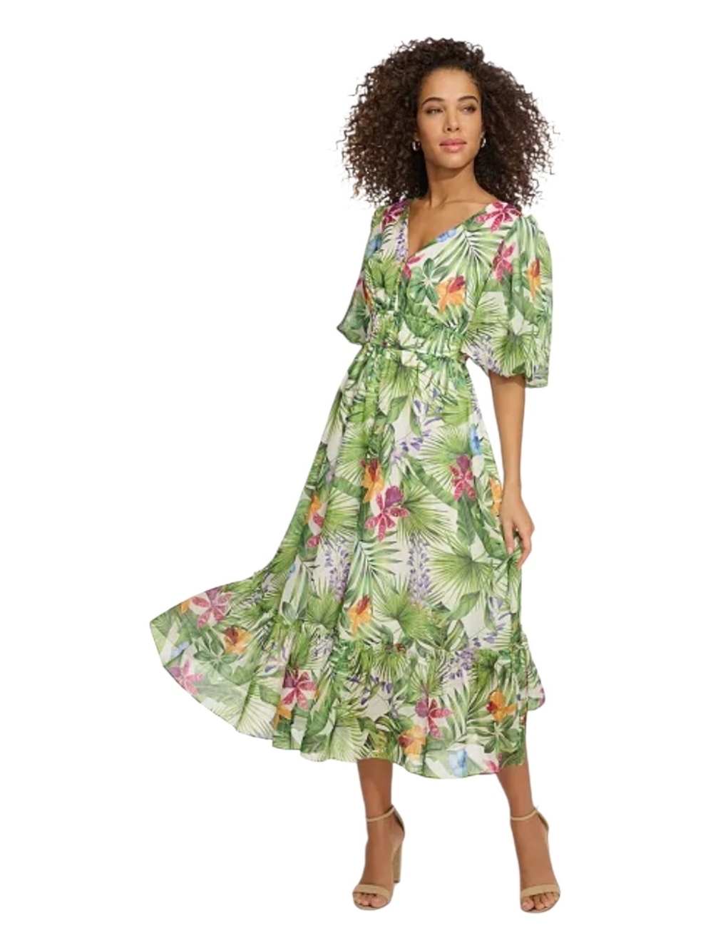 Kensie Green Tropical Floral Maxi Dress with V-Neck